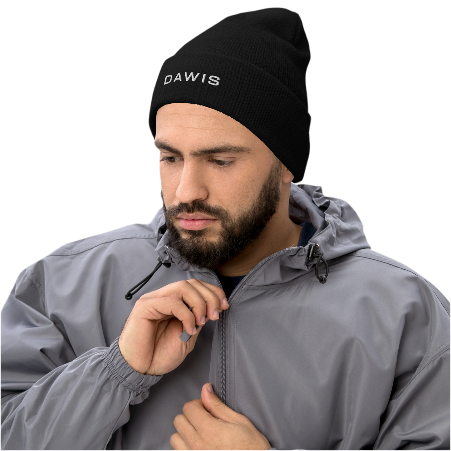 Man wearing DAWIS Beanie, black, hypoallergenic, unisex.
