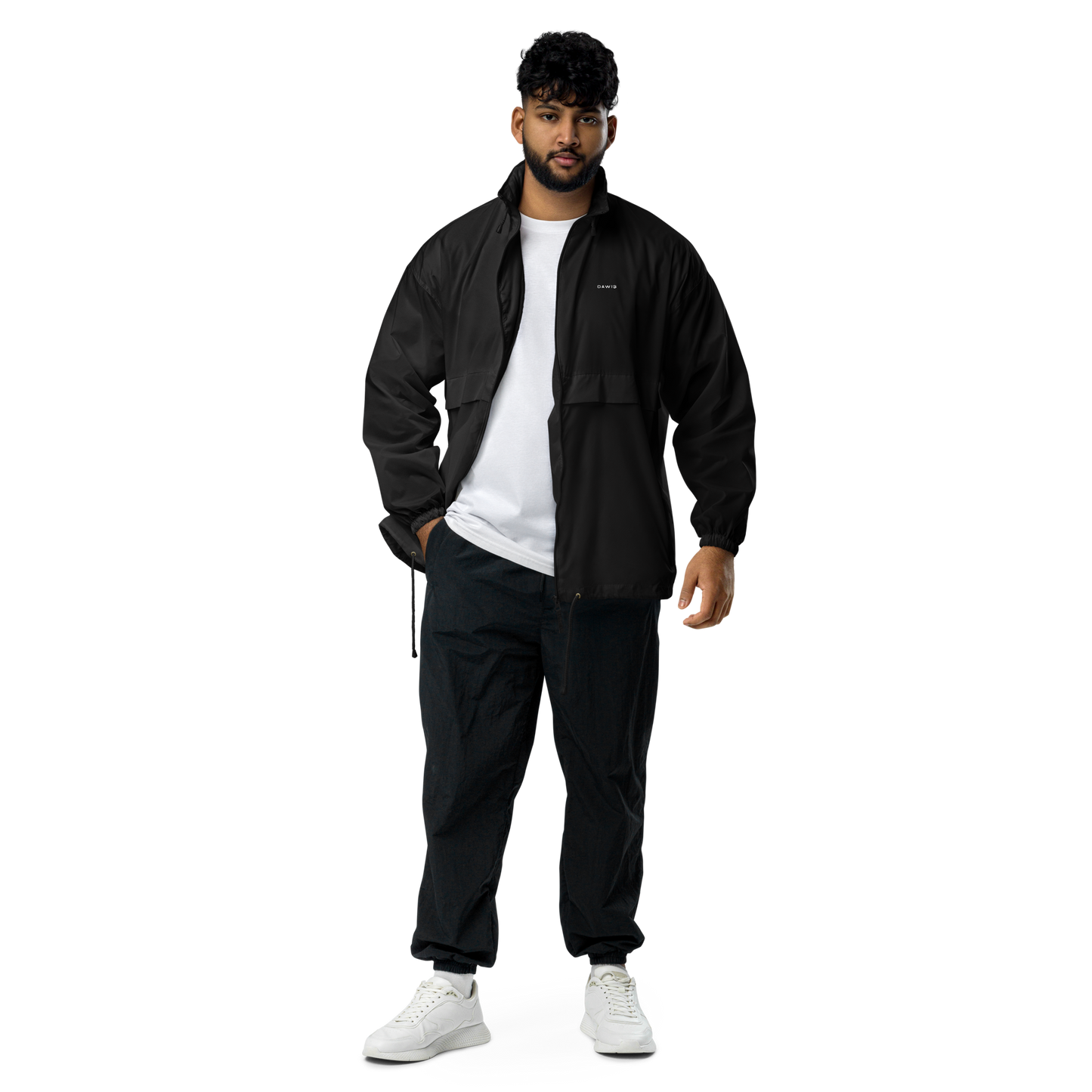 DAWIS Basic-Windbreaker in black, featuring a hood with drawstring, front zipper, and elastic cuffs.
