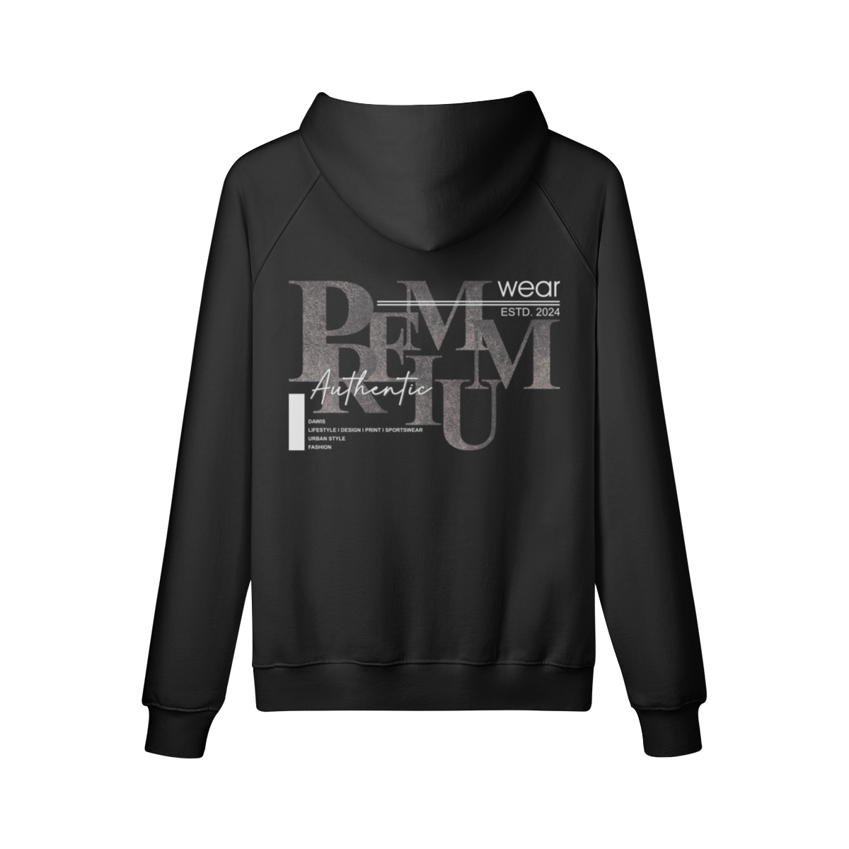 Oversize fit black hoodie with front and back print, made of 100% combed cotton, featuring cuffed sleeves and hem.