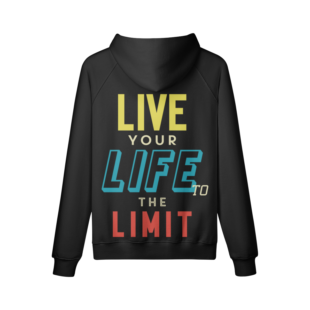 Oversized black hoodie with "Live Your Life to the Limit" print, kangaroo pocket, 100% cotton.
