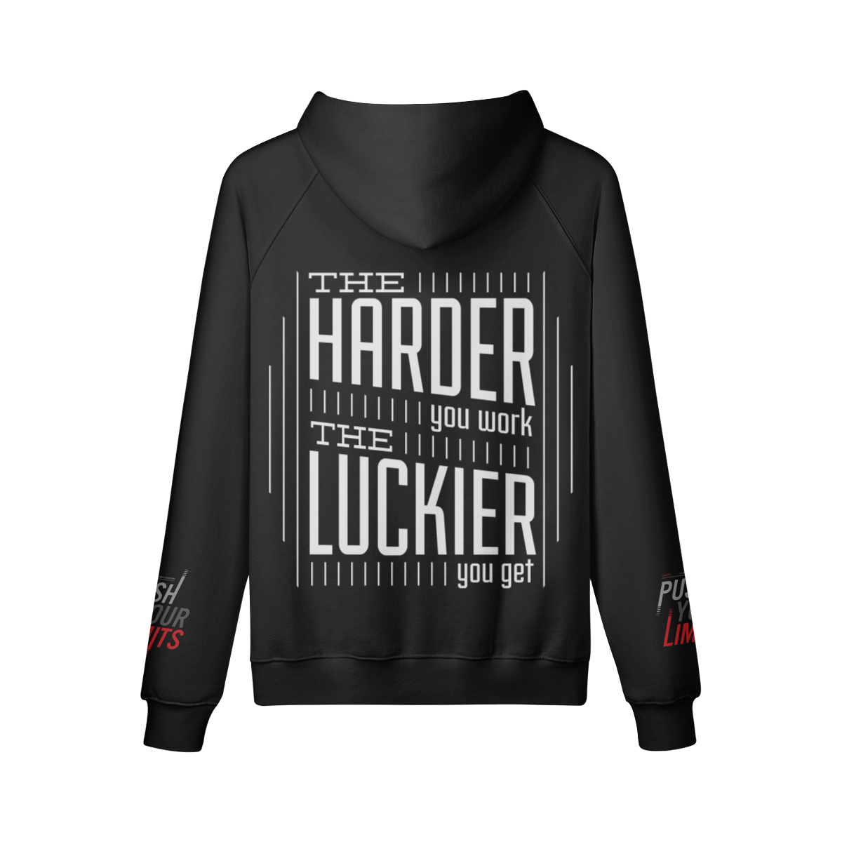 Oversized black hoodie with "The Harder You Work, The Luckier You Get" back print, 100% cotton, kangaroo pocket.