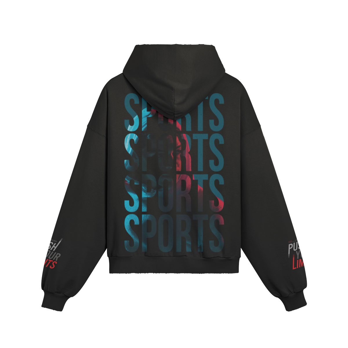 Oversize fit black hoodie with sports back and sleeve print, kangaroo pocket, and washed effect.
