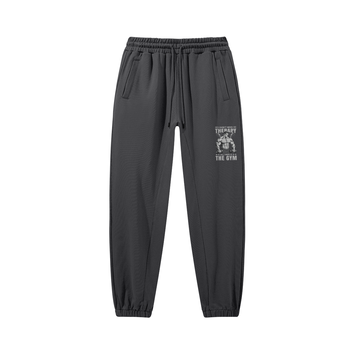 Black cotton joggers with "I DON'T NEED A THERAPY" front and back print, elastic waistband and cuffs, drawstring, side and back pockets.