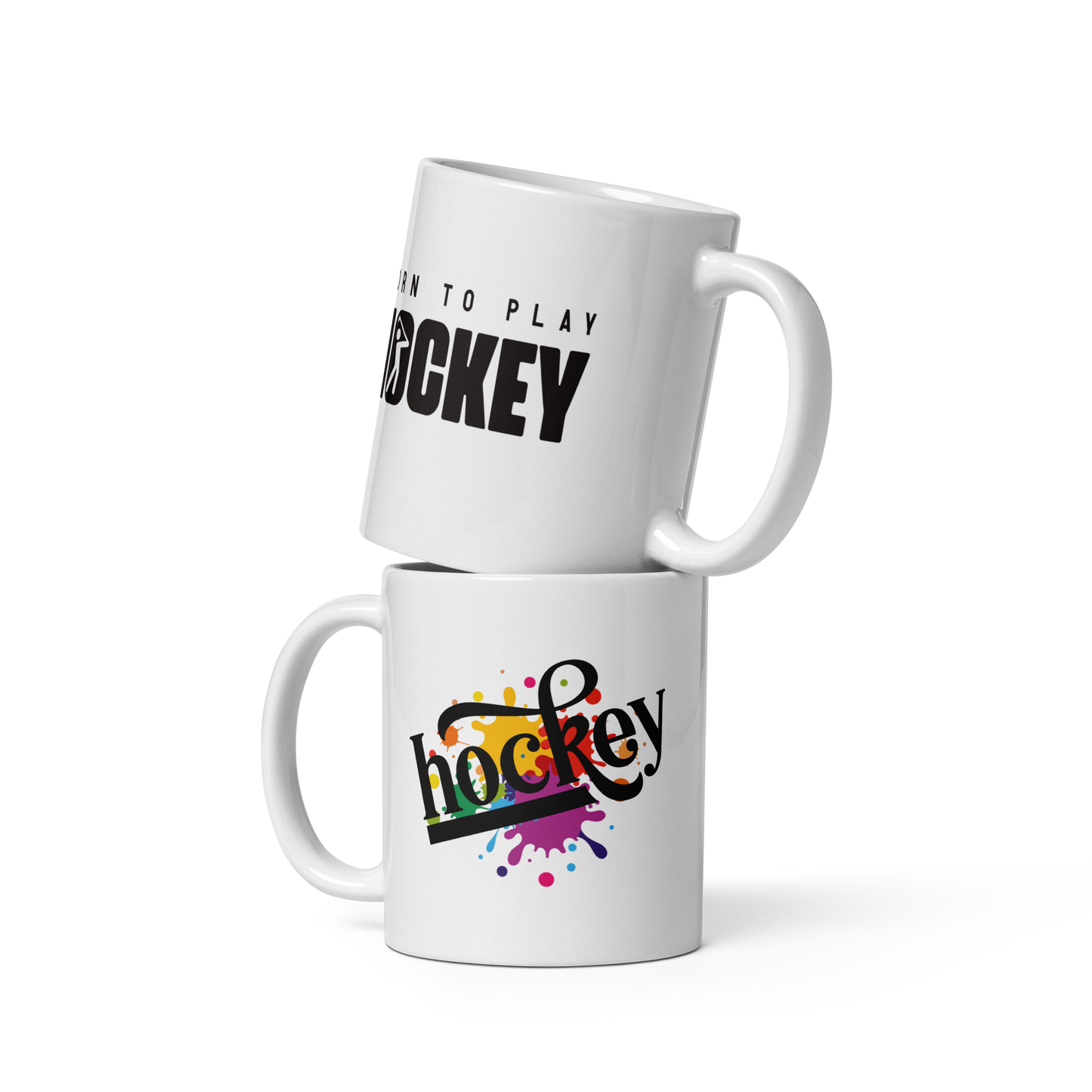 Keramiktasse mit "Born to Play Hockey" Aufdruck, spülmaschinen- und mikrowellengeeignet.