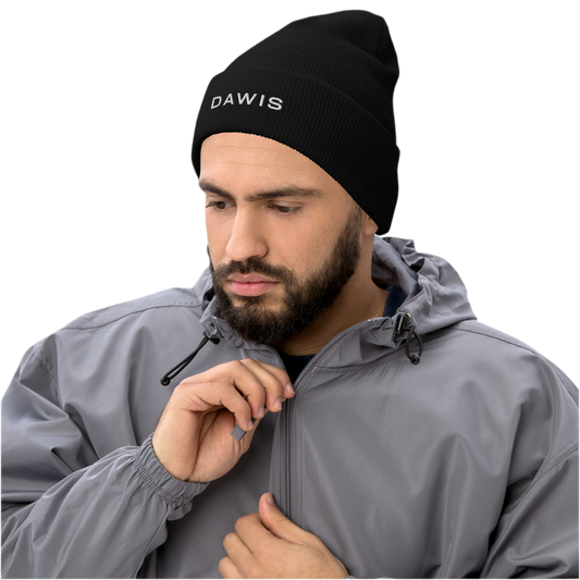 Man wearing DAWIS Beanie, black, hypoallergenic, unisex.