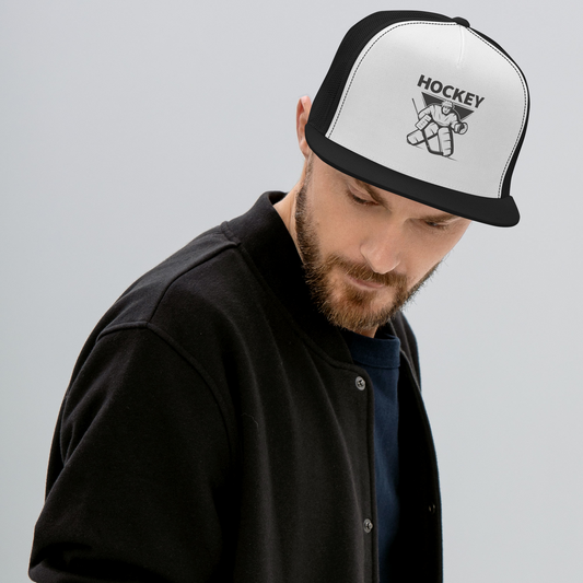 Hockey Goalie Trucker Cap with flat brim and snapback closure.