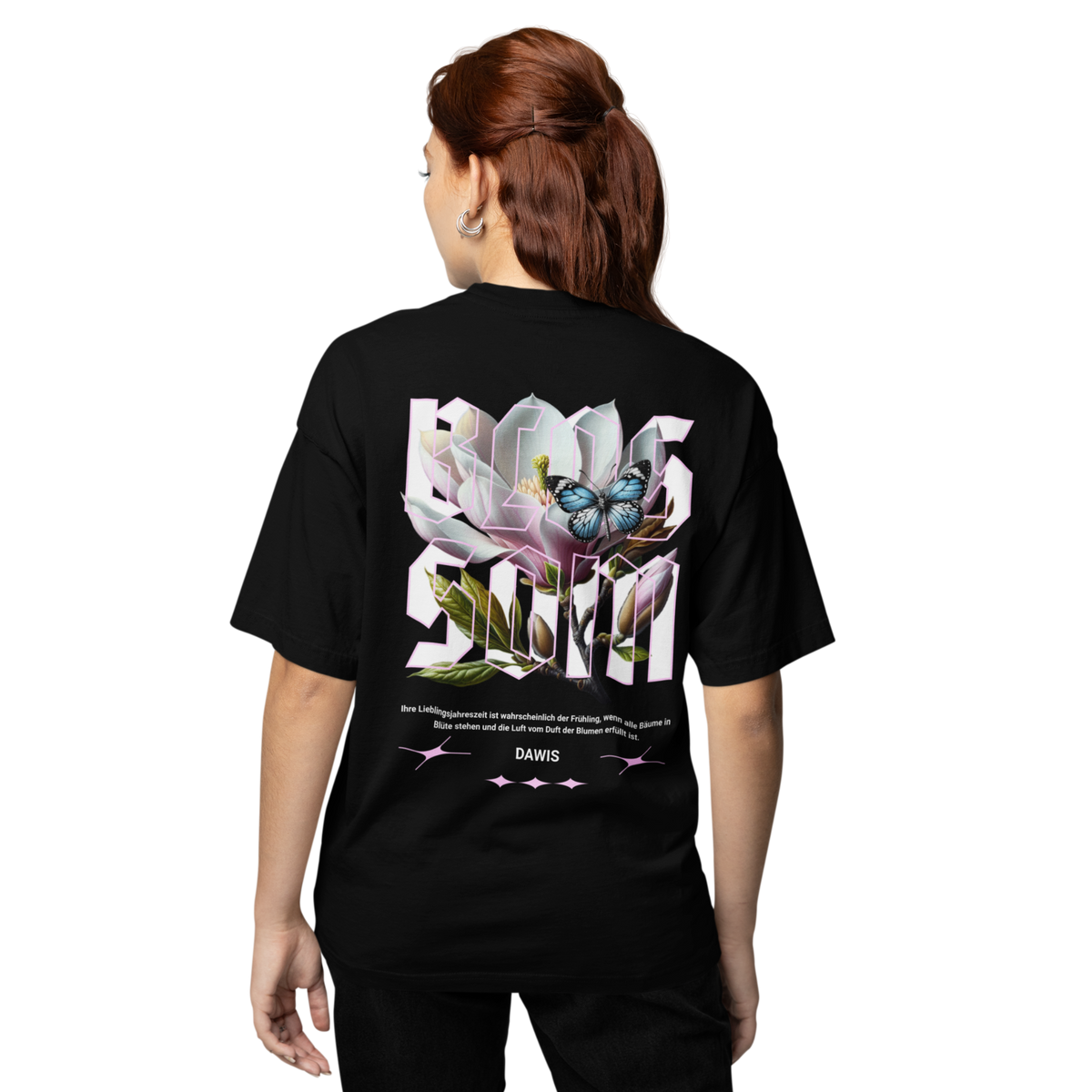 Oversize Fit T-Shirt aus schwarzer Baumwolle mit großem floralen Rückenprint und Schmetterlingsmotiv