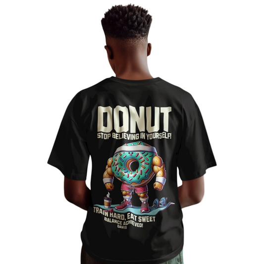 Oversize-T-Shirt Donut GYM Life aus schwarzer Baumwolle mit großem farbigem Donut- und Schriftprint auf dem Rücken