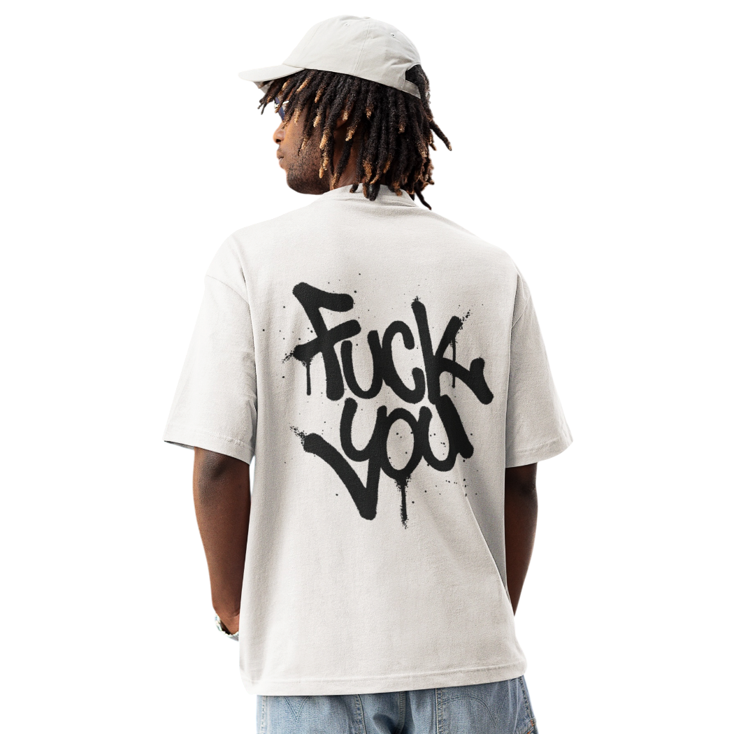 Oversize-T-Shirt aus Baumwolle in Offwhite mit schwarzem Graffiti-Rückendruck „Fuck You“ und Rundhalsausschnitt