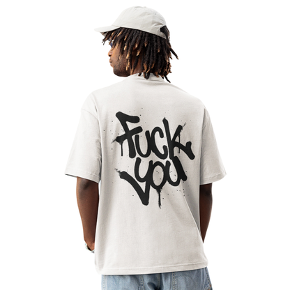 Oversize-T-Shirt aus Baumwolle in Offwhite mit schwarzem Graffiti-Rückendruck „Fuck You“ und Rundhalsausschnitt