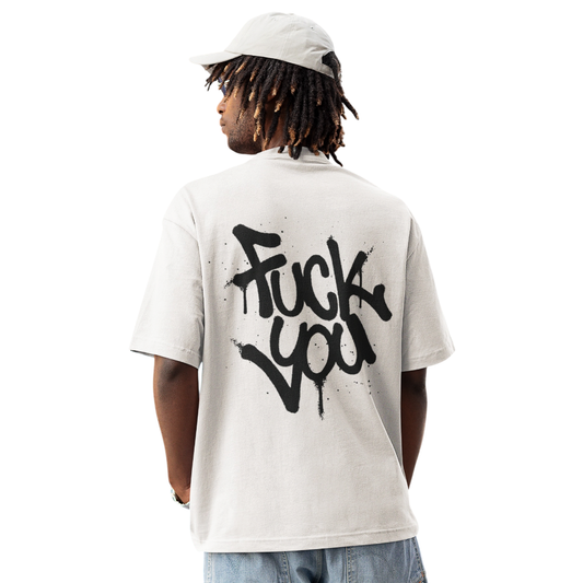 Oversize-T-Shirt aus Baumwolle in Offwhite mit schwarzem Graffiti-Rückendruck „Fuck You“ und Rundhalsausschnitt