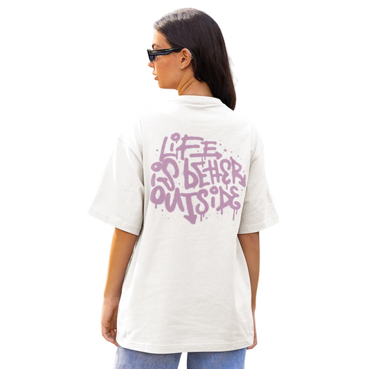 Oversize-T-Shirt aus weißer Baumwolle mit auffälligem Life Is-Graffiti-Print in Rosa auf dem Rücken