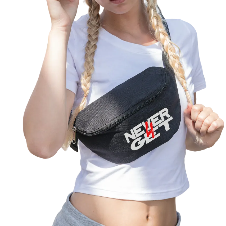 Schwarze HIP BAG Never4Get aus 100% Polyester Oxford 600D mit Frontprint, 23x18,5x7cm, leicht und strapazierfähig