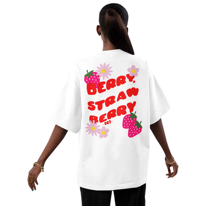 Oversize-T-Shirt Strawberry - 007 aus weißer Baumwolle mit buntem Erdbeer- und Blumenprint auf dem Rücken