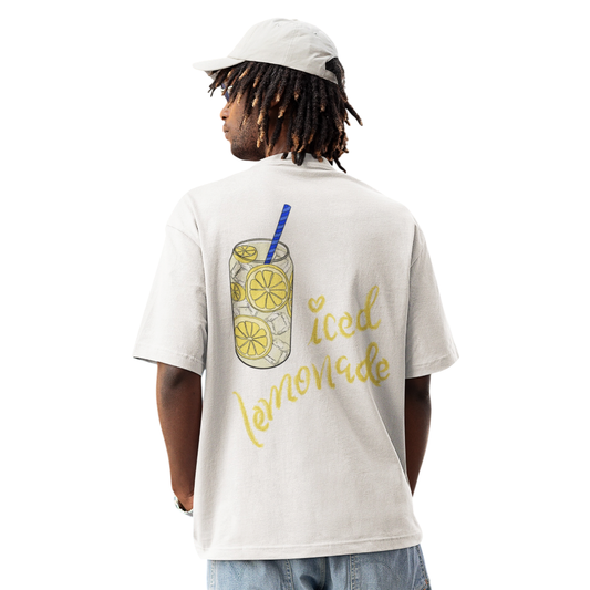 Oversize-T-Shirt Iced Lemonade aus cremefarbener Baumwolle mit gelbem Zitronenprint und Rückenschriftzug