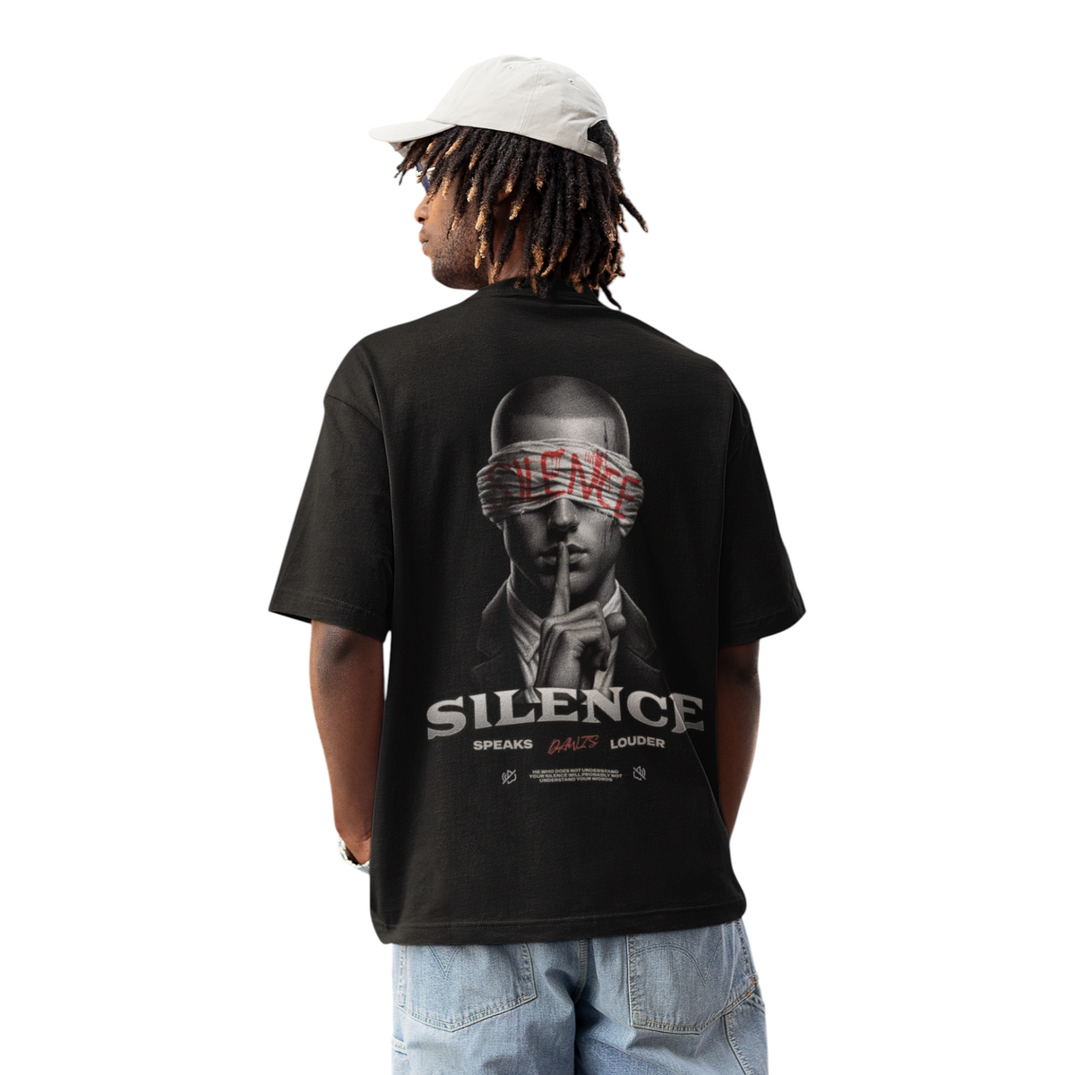 Oversize Fit T-Shirt aus schwarzer Baumwolle mit großem SILENCE-Print und Motiv auf dem Rücken