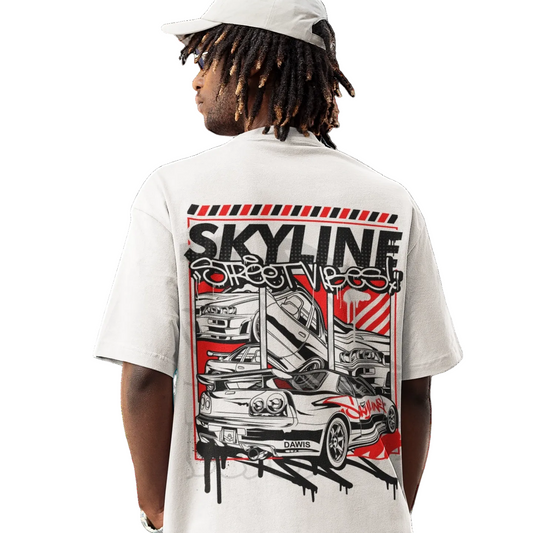 Oversize-T-Shirt SKYLINE STREET VIBES aus weißer Baumwolle mit großem rotem und schwarzem Rückenprint
