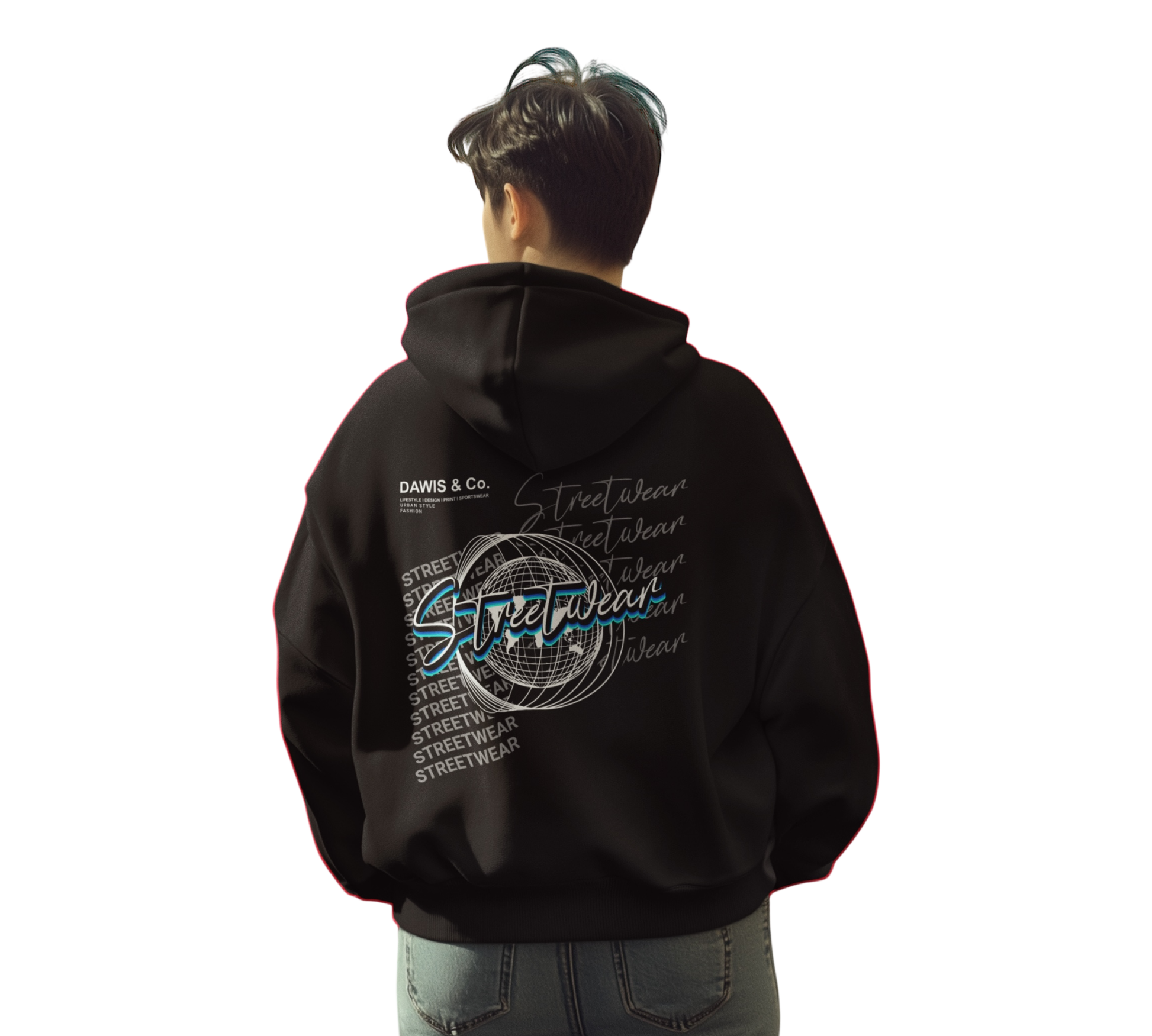 Schwarzer Oversize Streetwear Hoodie aus 100% Baumwolle mit Backprint und Kängurutasche