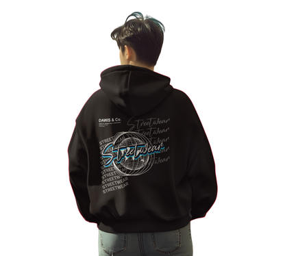 Schwarzer Oversize Streetwear Hoodie aus 100% Baumwolle mit Backprint und Kängurutasche