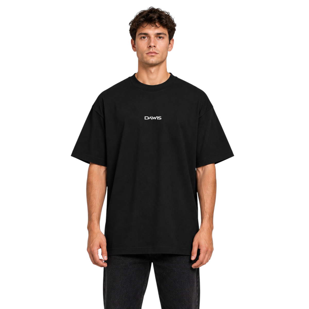 DAWIS Oversize T-Shirt in Schwarz aus schwerer Baumwolle mit weißem Logo-Print auf der Brust