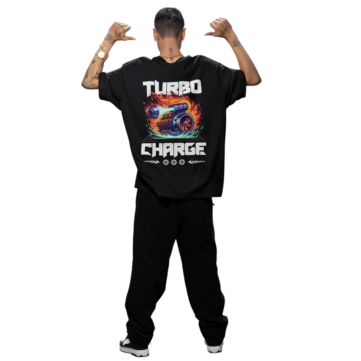 Turbo Charger Oversize-T-Shirt aus schwarzer Baumwolle mit großem Turbo-Auto-Print auf dem Rücken