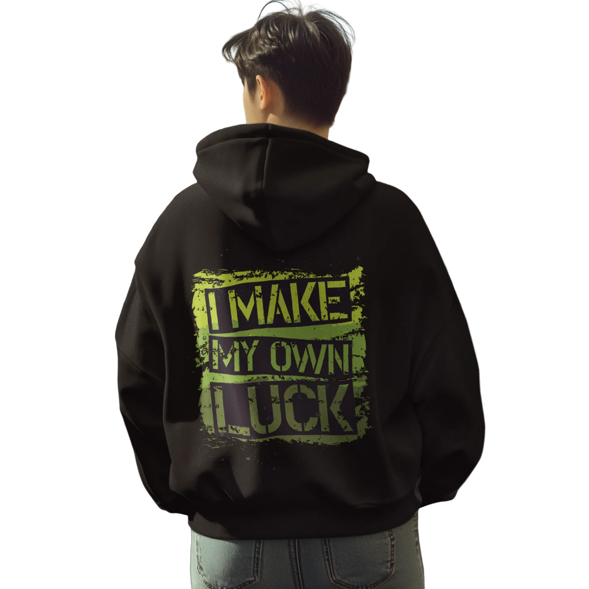 Schwarzer Baumwoll-Hoodie im Oversize Fit mit grünem „I MAKE MY OWN LUCK“-Backprint und Kapuze
