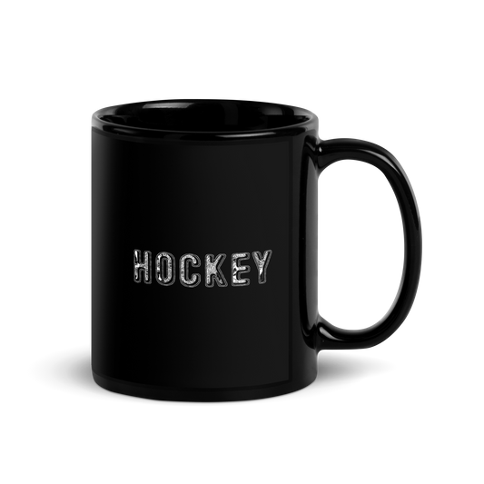 Black ceramic mug with "Hockey" design, glossy finish, 11 oz.