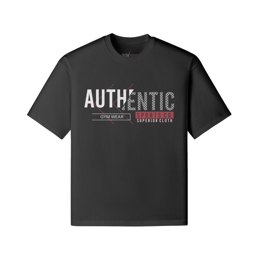 Black oversized T-shirt with "Authentic Sports" front print, 100% cotton.
