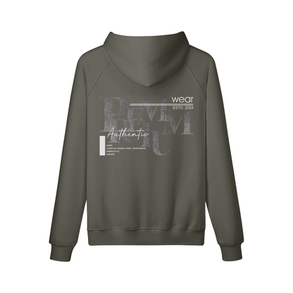 Oversize fit hoodie with front and back print, made of 100% combed cotton, featuring cuffed sleeves and hem.
