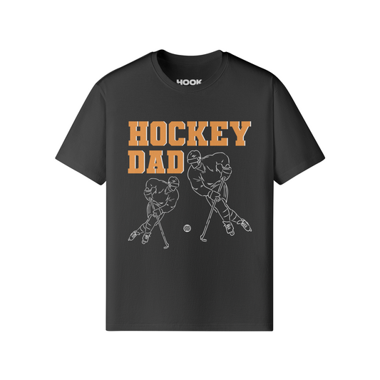 Hockey Dad t-shirt with front and back print, classic fit, 100% cotton.