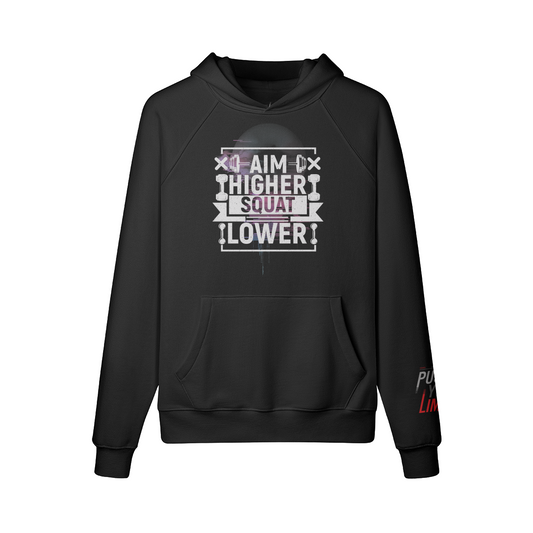 Oversize 'Aim Higher' hoodie with front and left sleeve print, 100% cotton.