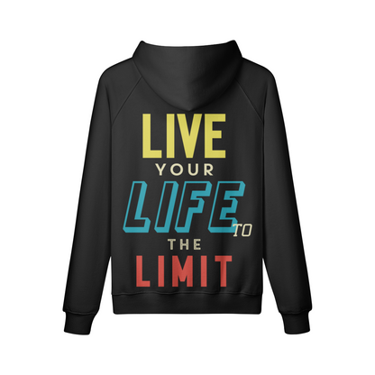 Oversized black hoodie with "Live Your Life to the Limit" print, kangaroo pocket, 100% cotton.