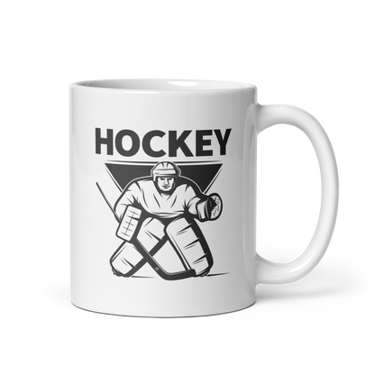 Hockey Goalie ceramic mug, dishwasher safe, 11 oz capacity.