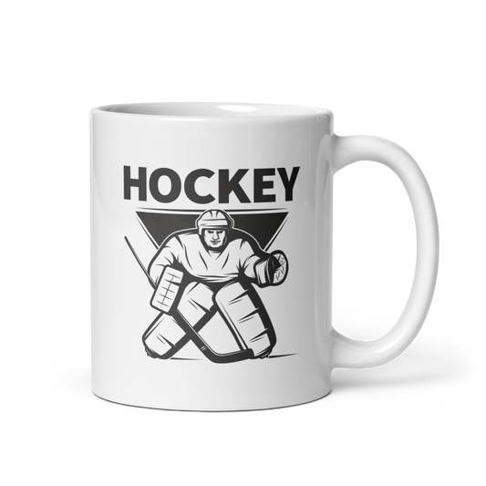 Hockey Goalie ceramic mug, dishwasher safe, 11 oz capacity.